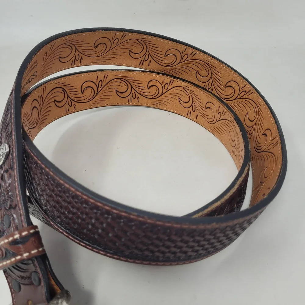 Vintage Nocona Belt 46 Brown Leather Floral Tooled Basketweave Western Cowboy